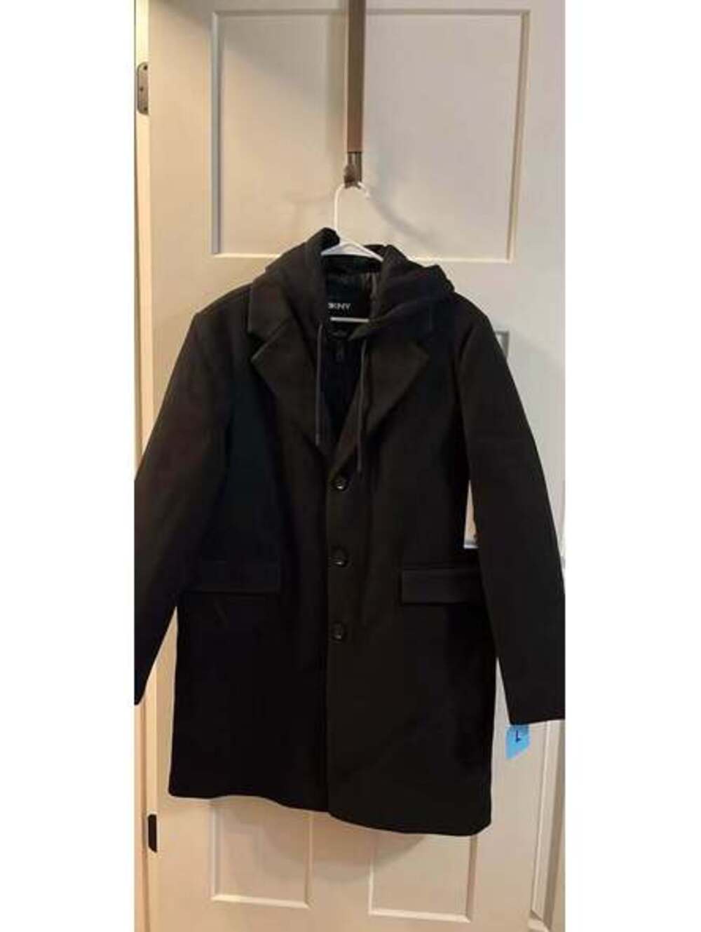 DKNY Removable Hood Notch-Lapel Coat mens L